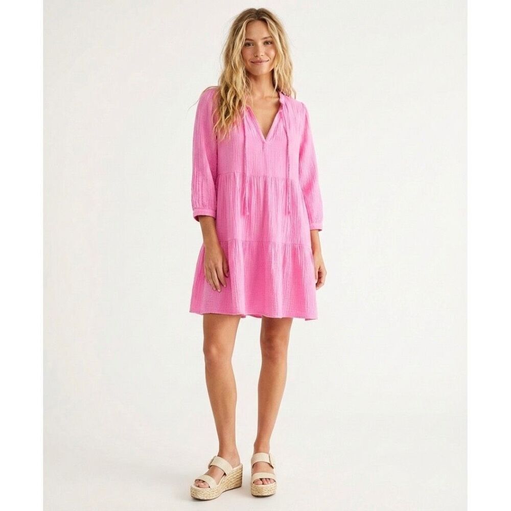 Honorine Giselle Pink Cotton Gauze Tiered Mini Dress Small Barbiecore Resort